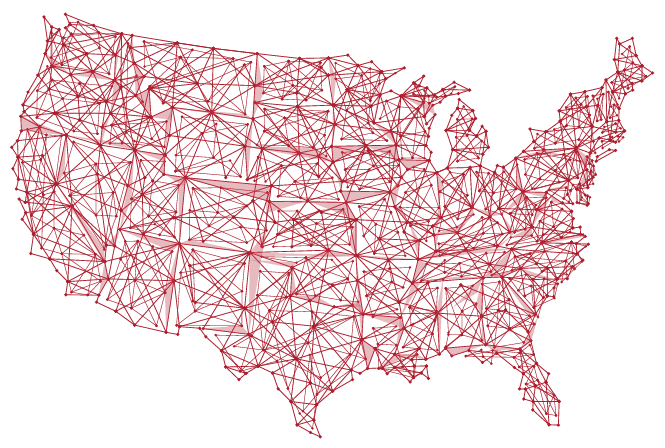 A map of the united states made of lines and dots