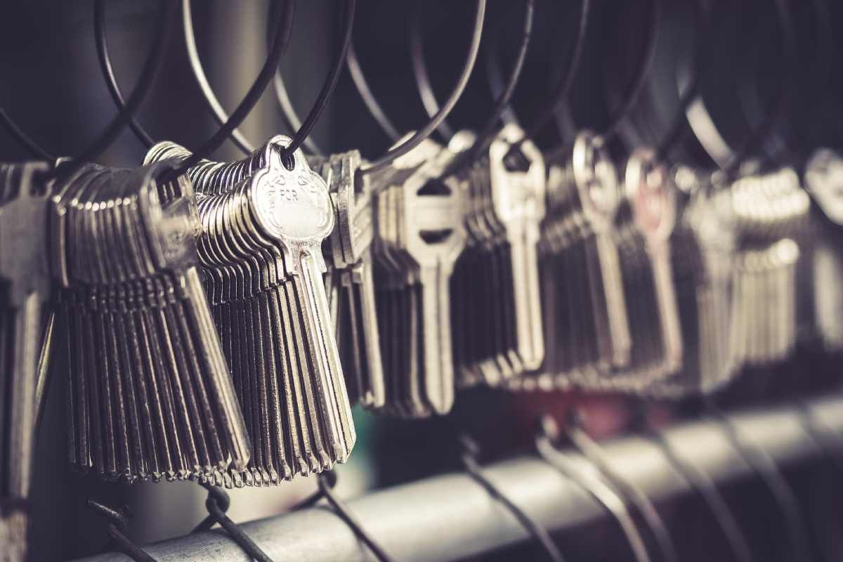 A row of blank keys at a residential locksmith’s shop near Lexington, Kentucky (KY)