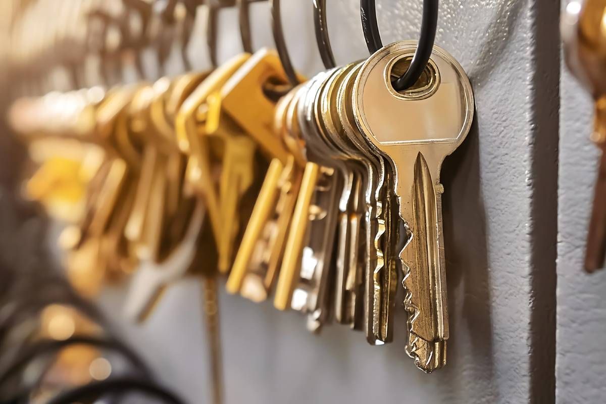 Rings of spare keys hanging on a wall at King's Locksmiths near Lexington, KY