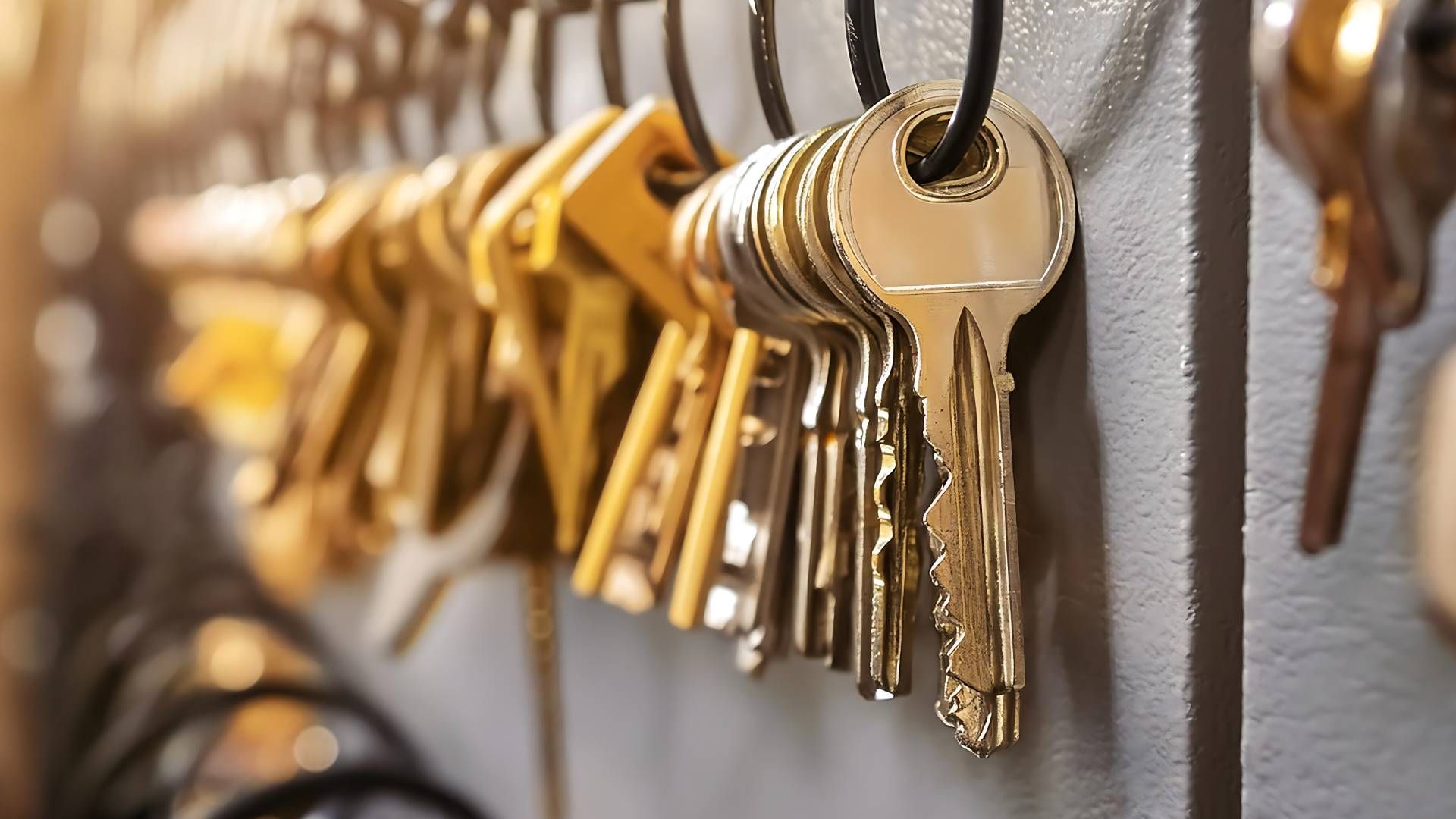 Rings of spare keys hanging on a wall at King's Locksmiths near Lexington, KY