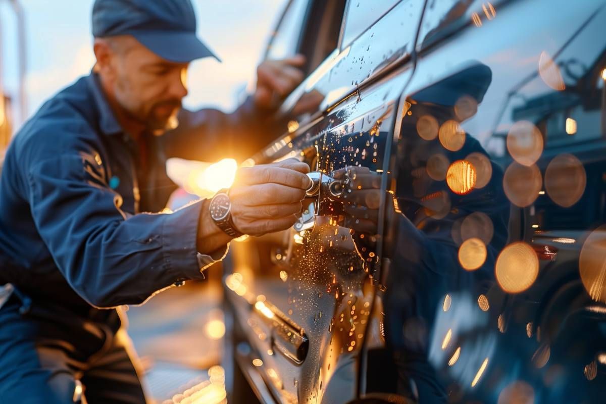 Worker performing emergency locksmith service on car at dusk at 24/7 Locksmith LLC near Lexington, KY