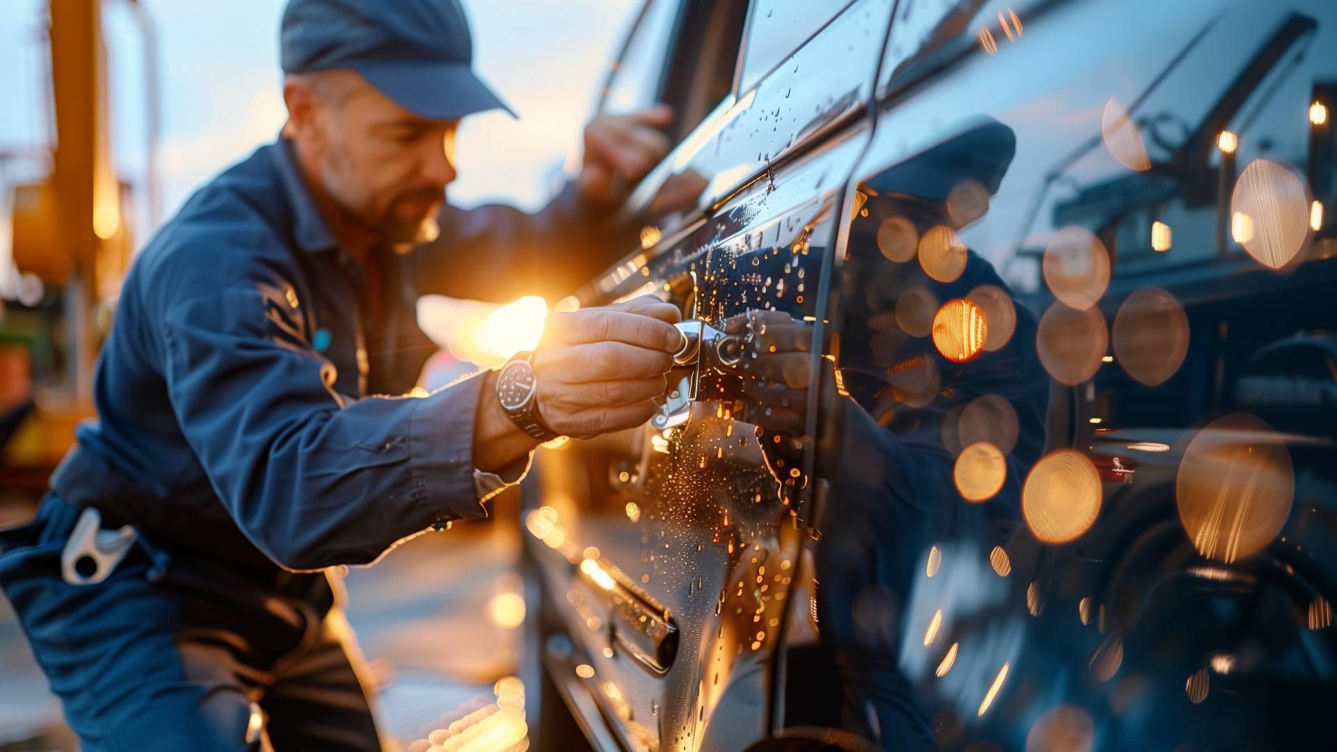 Worker performing emergency locksmith service on car at dusk at 24/7 Locksmith LLC near Lexington, K