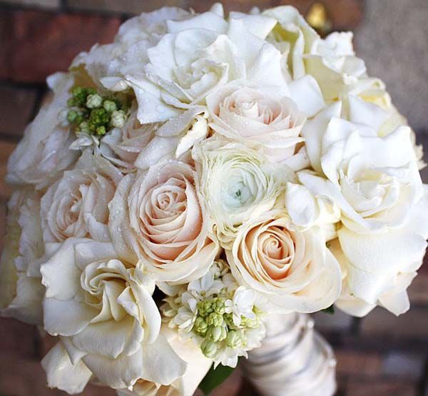 A close up of a bouquet of white roses