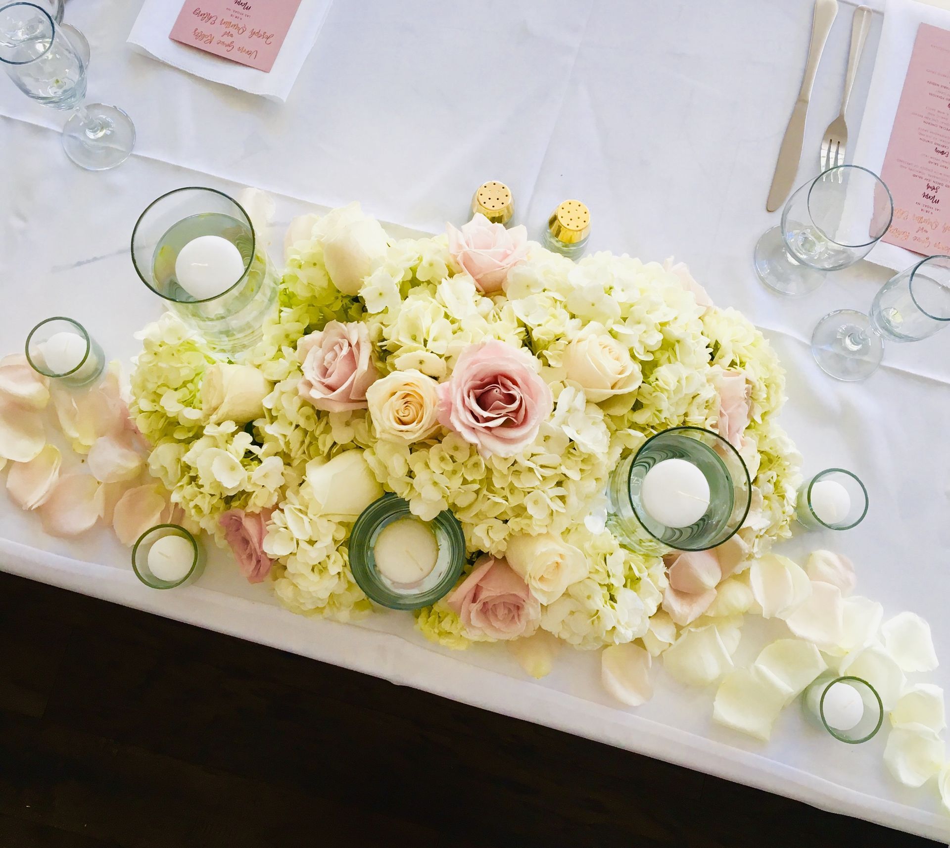 A table with flowers and candles on it