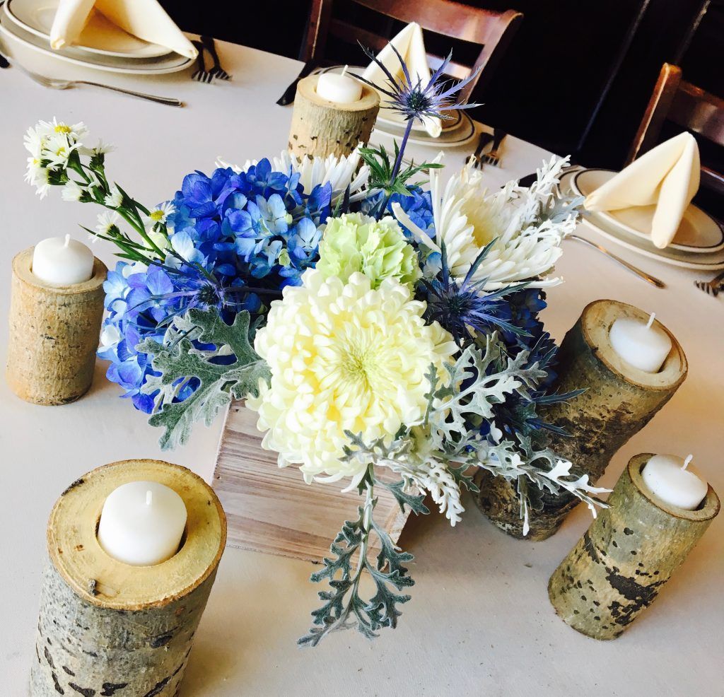 A table with flowers and candles on it
