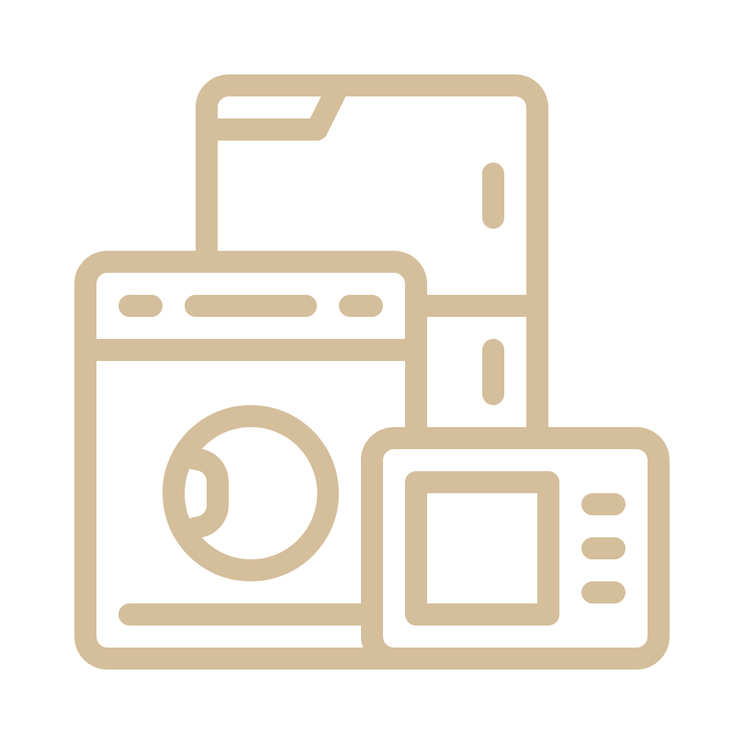 Un'icona lineare che raffigura una lavatrice, un'asciugatrice, un frigorifero e un microonde.