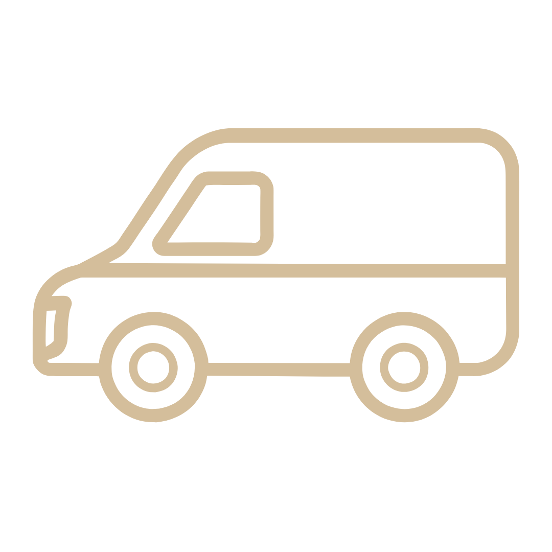 Un disegno a tratteggio di un furgone per le consegne su uno sfondo bianco.