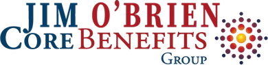 Jim O'Brien Core Benefits Group logo with a circular pattern of red and yellow dots.
