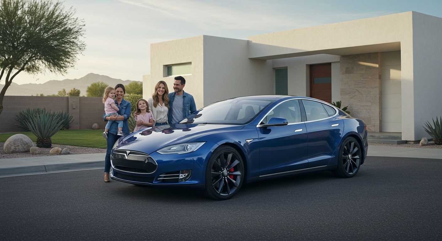 Family of four beside a blue Tesla sedan in front of a modern house.