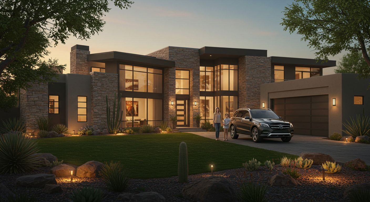 Modern home exterior with stone and glass facade at dusk; family approaching front door.
