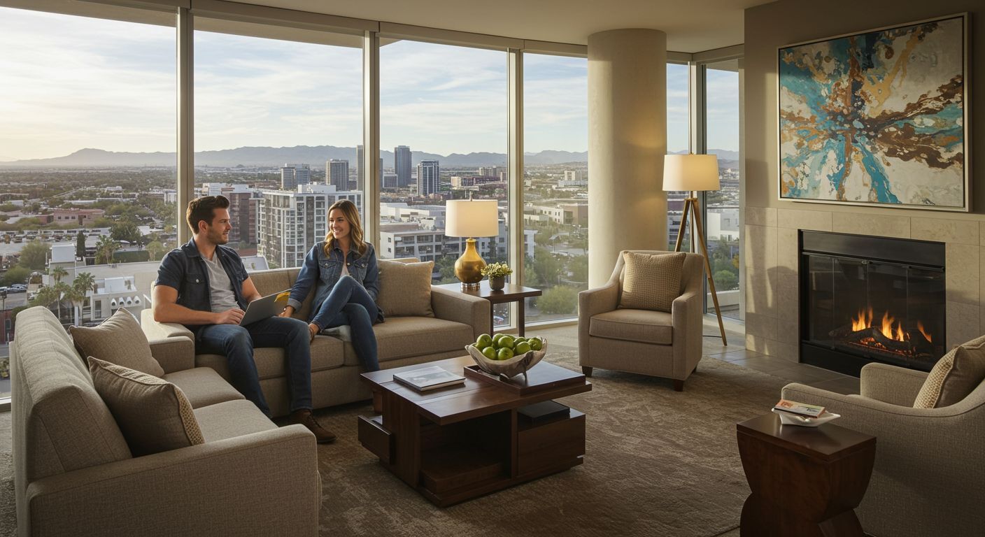 Couple relaxing in modern living room with city views and fireplace.