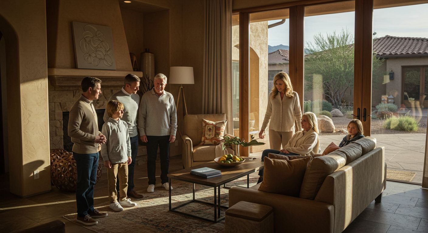 Family gathered in a sunlit living room, some standing, others seated on a couch, near a large window.
