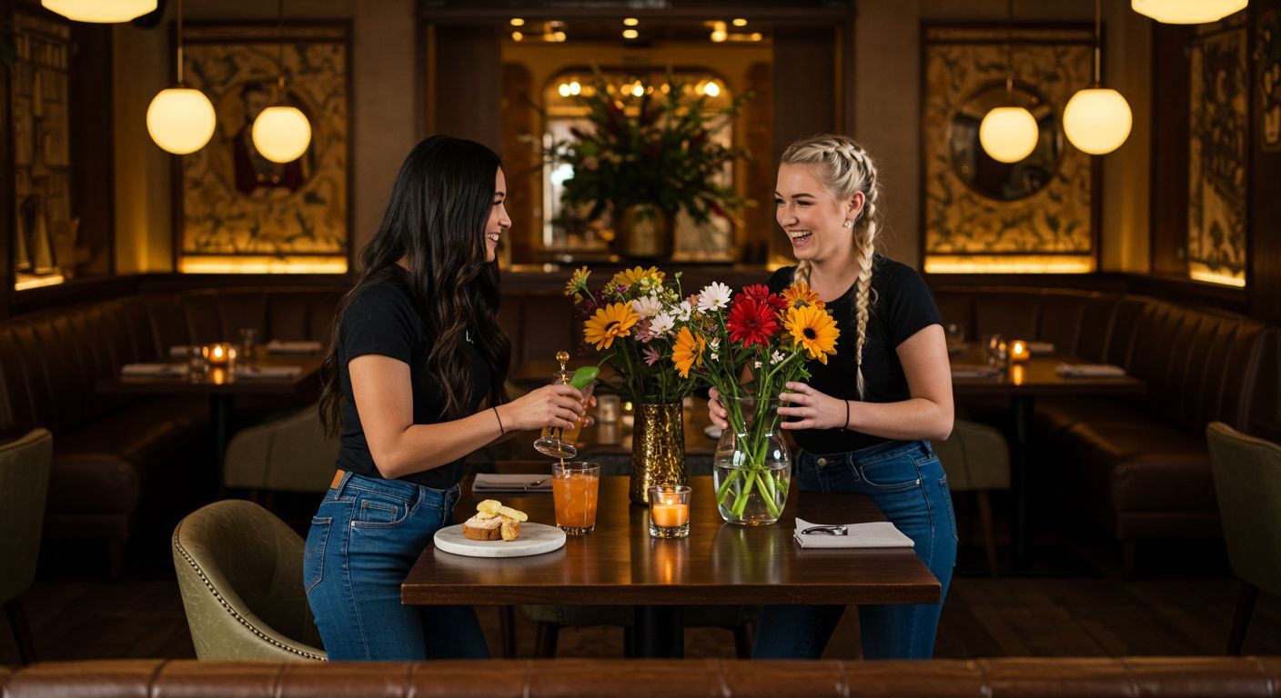 Two women laughing at a table in a restaurant with drinks, flowers, and food.