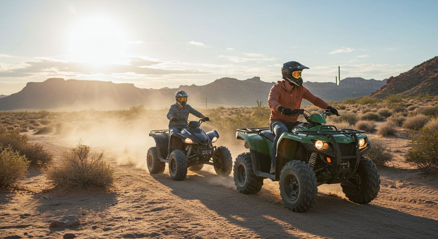 Two people riding ATVs on a desert trail, kicking up dust, under a sunny sky.