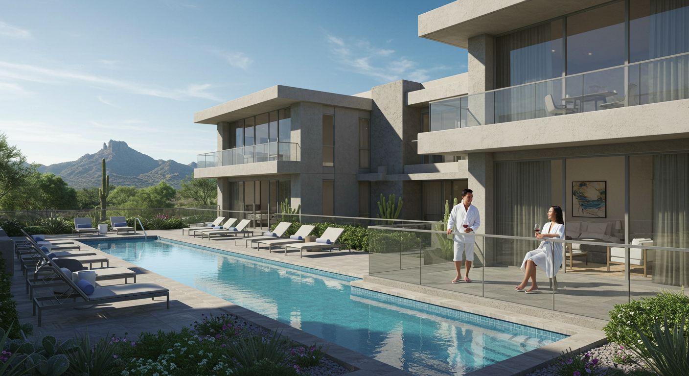 Modern buildings with pool; man and woman relax by pool, mountain in background.