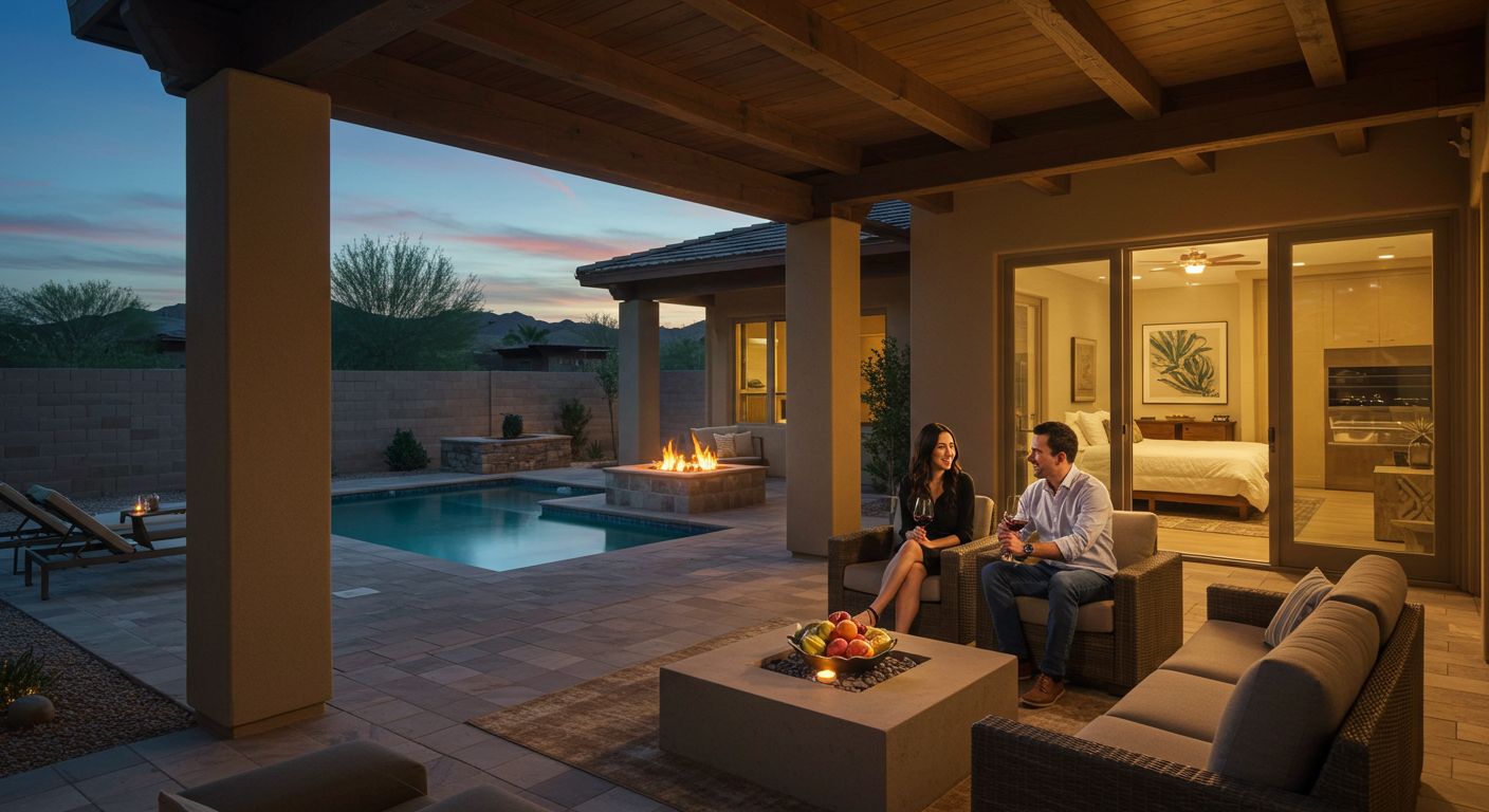 Couple sitting by a fire pit on a patio next to a pool, with the interior of a bedroom visible.