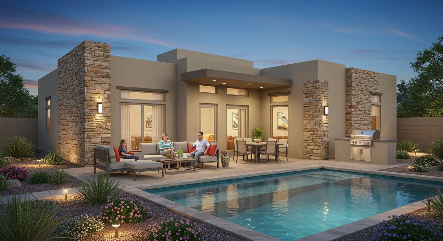 A modern home with a pool and patio, featuring people relaxing and dining. Evening lighting.