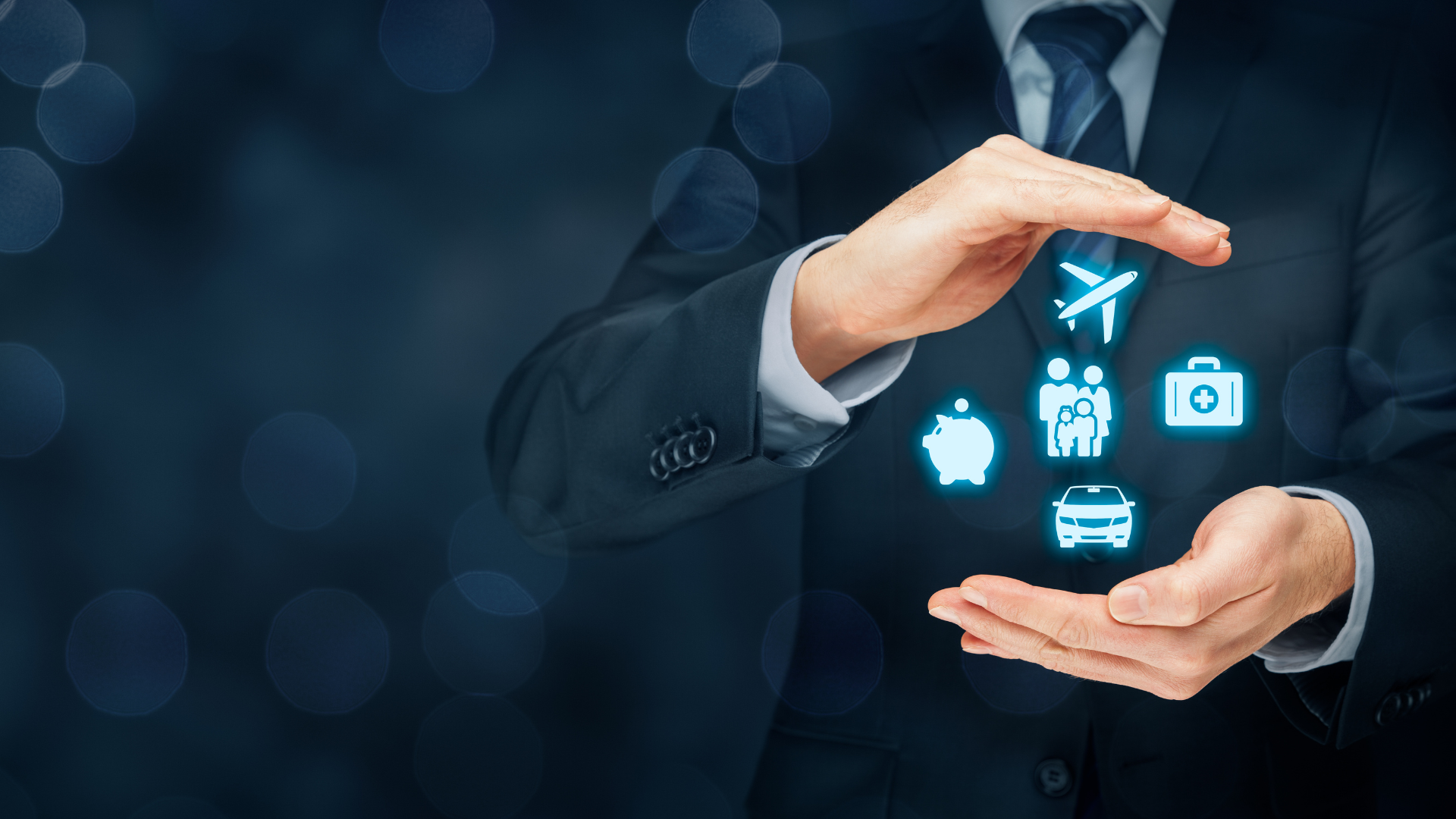 A person in a suit protects insurance icons: airplane, family, first aid, piggy bank, car.