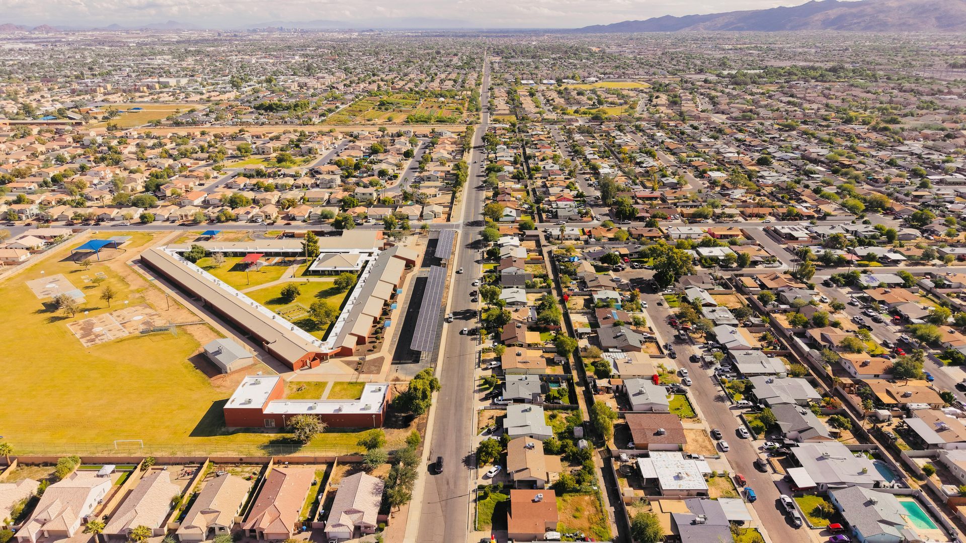 Aerial view of Phoenix, Arizona residential neighborhoods showing typical Valley home insurance terr
