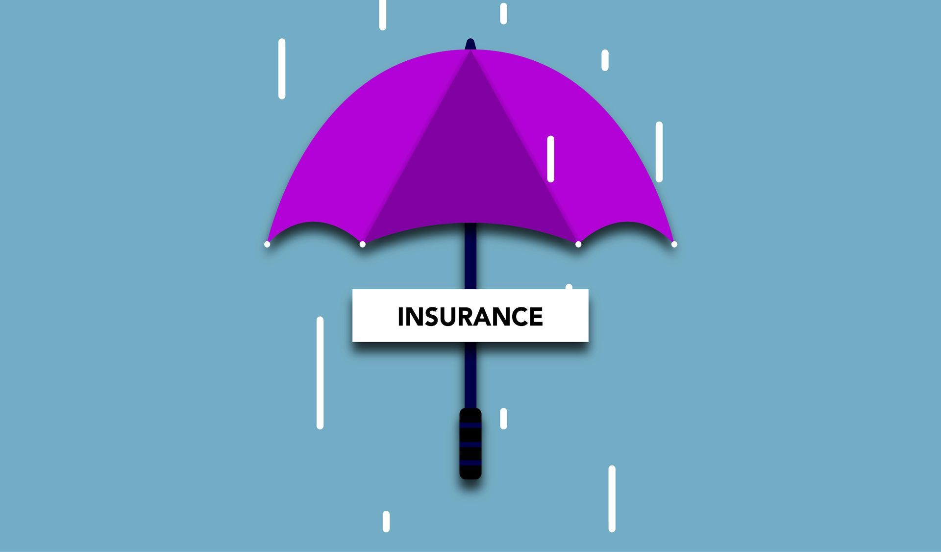 Purple umbrella over “INSURANCE” sign in the rain