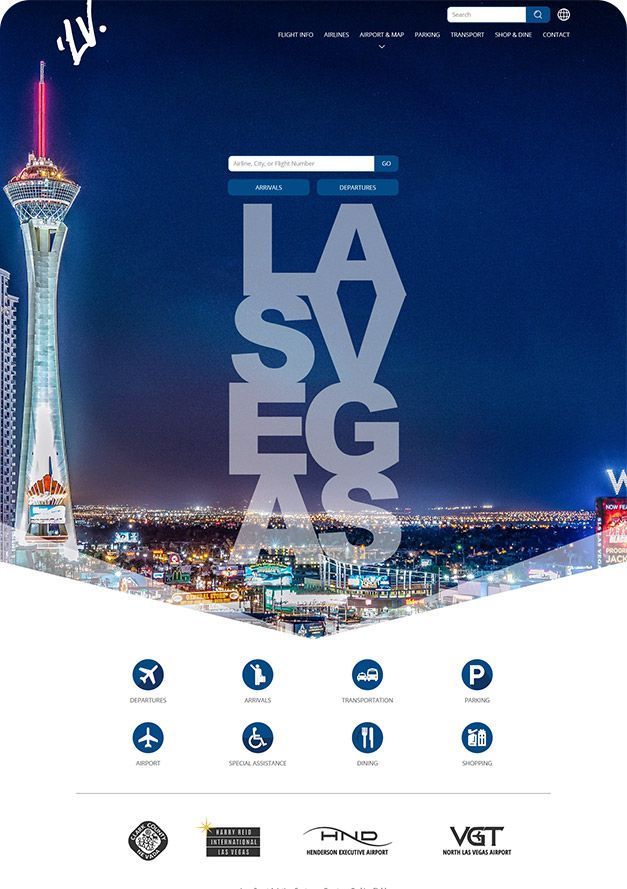 A screenshot of a website for las vegas with a tower in the background.