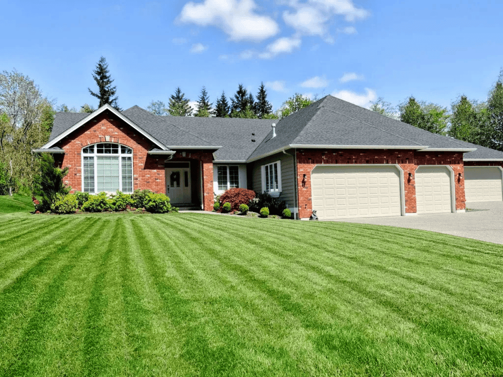 Man laying sod in a yard. Red dirt contrasts with green grass.
