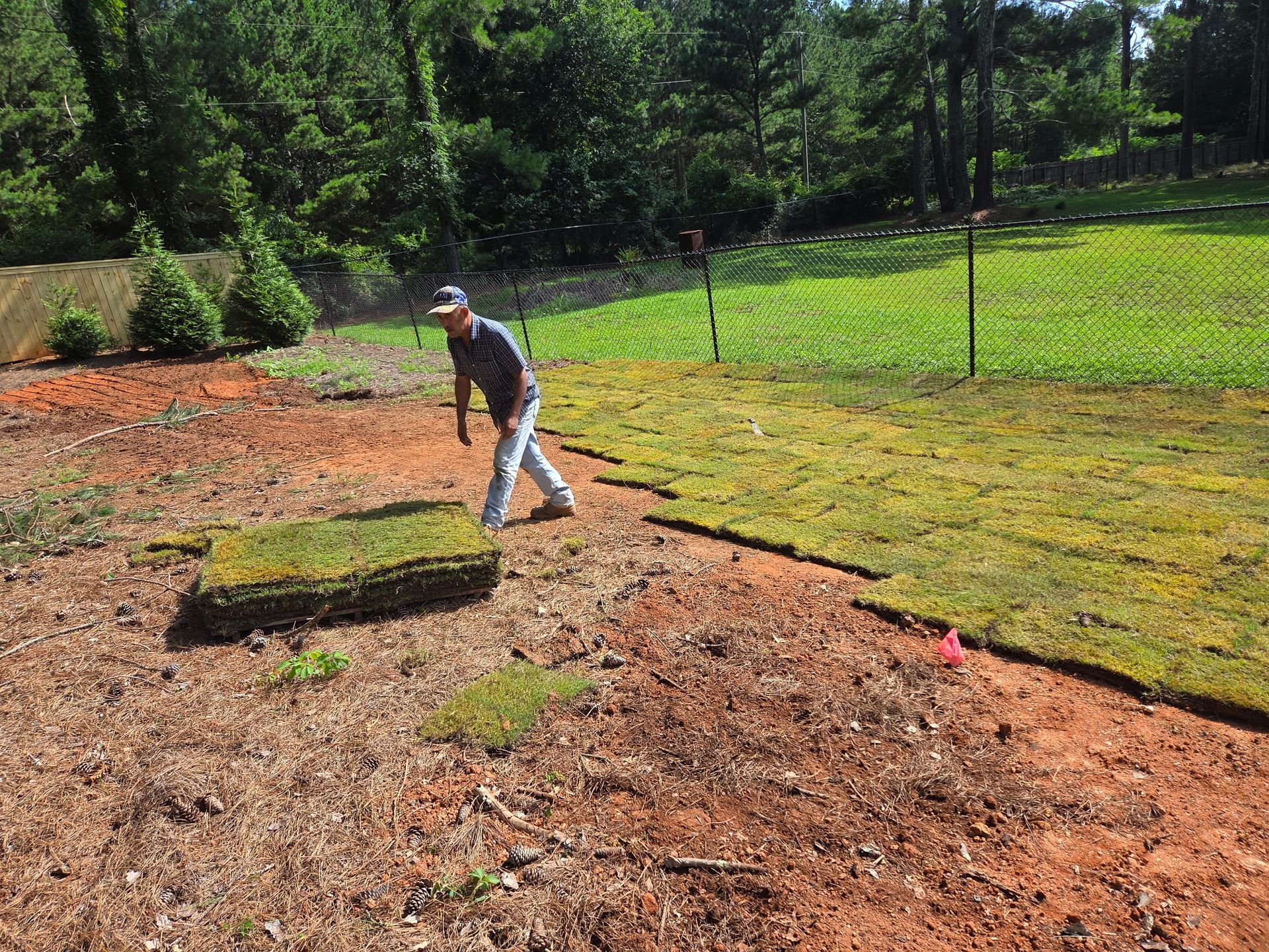 Person spraying green liquid fertilizer on a lawn in front of a house.