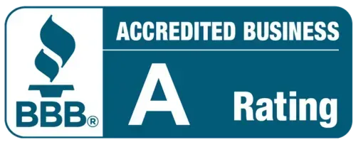BBB Accredited Business with an A Rating. Teal and white logo.