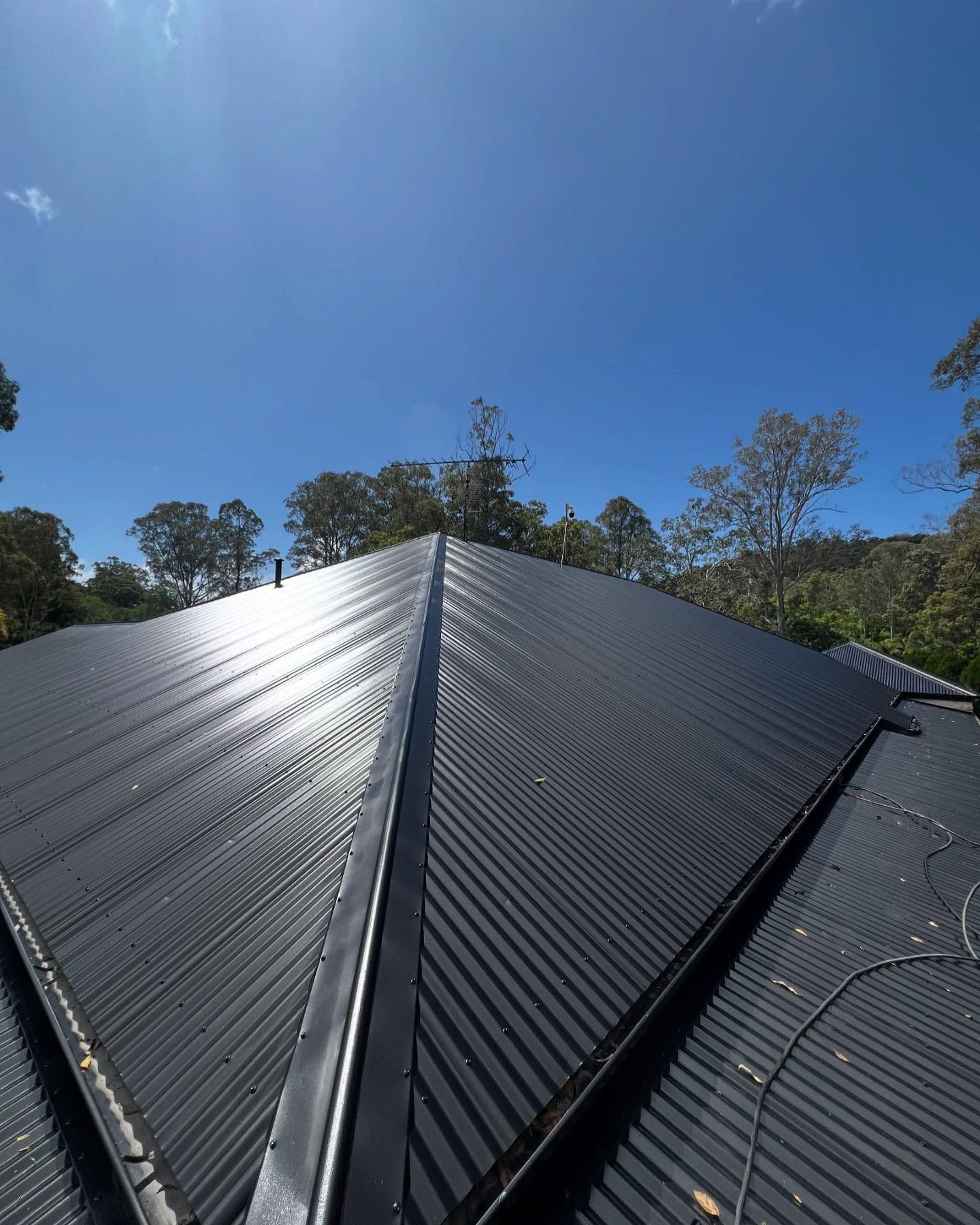 Black metal roof under a clear blue sky, viewed from a rooftop, with trees in the background. — SEQ Roof Repaints In Bonogin, QLD