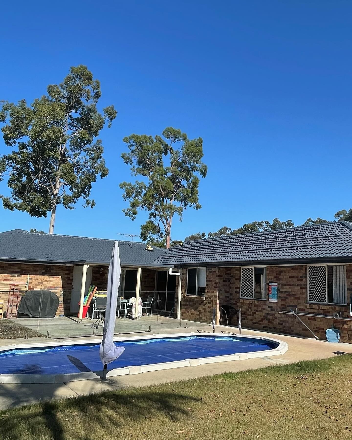 Backyard With Pool Covered by Blue Tarp, Brick House With Trees and Clear Sky — SEQ Roofing & Painting in Mermaid Waters, QLD