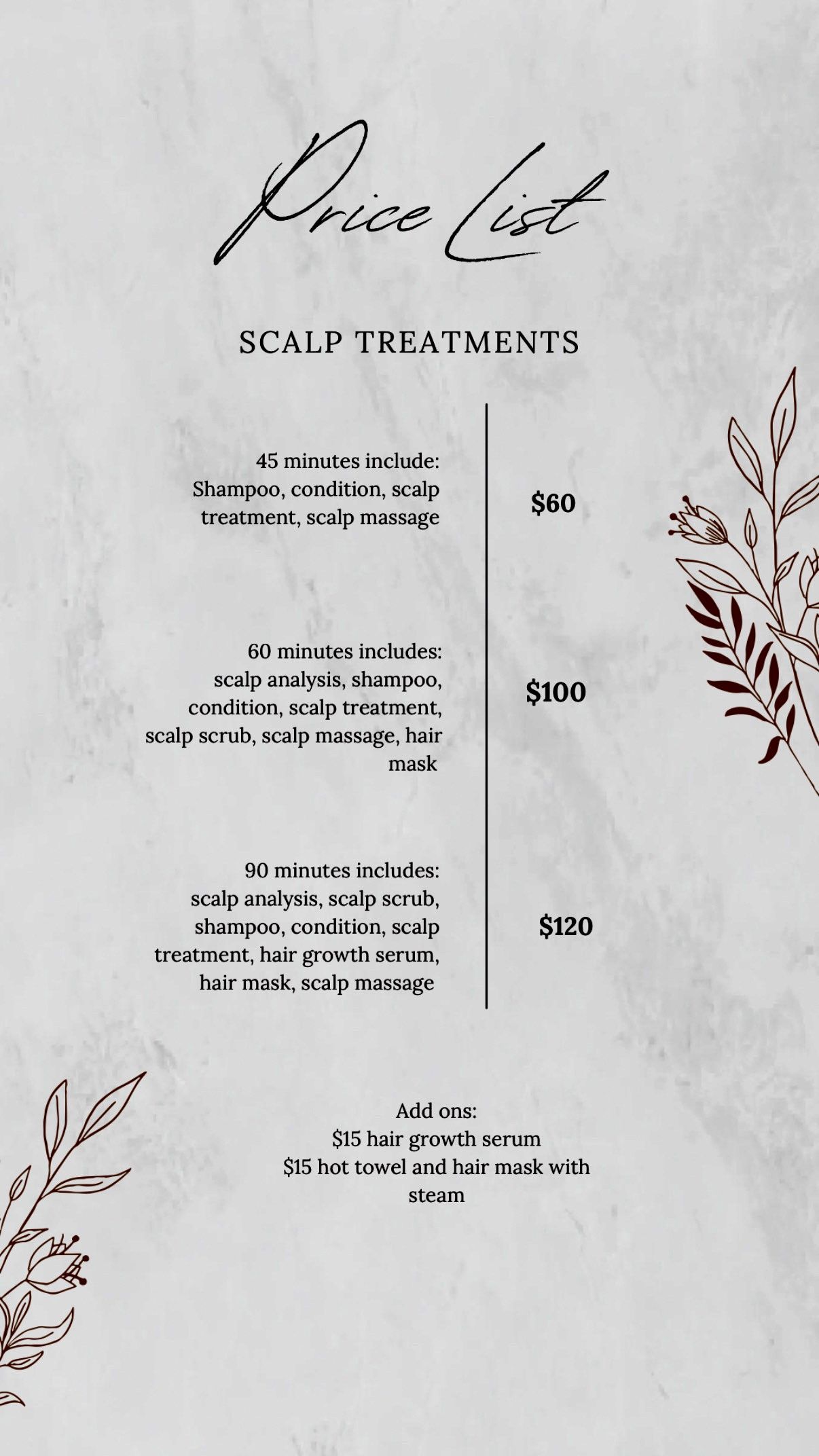 A spa price list with three treatment packages, priced at $80, $100, and $150, decorated with leaf illustrations.