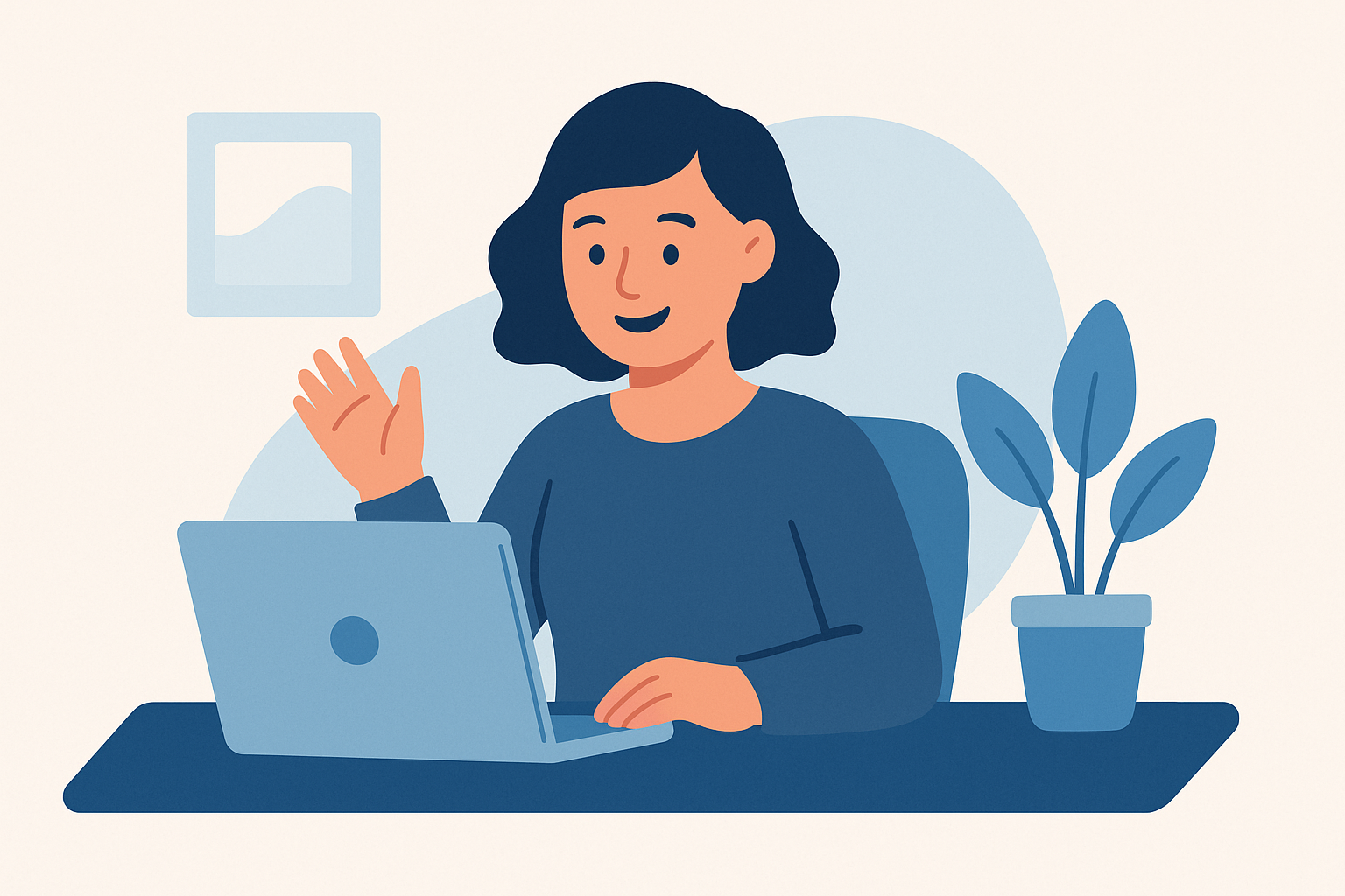 Woman with dark hair waves from her laptop, working at a desk with a plant and a framed picture.