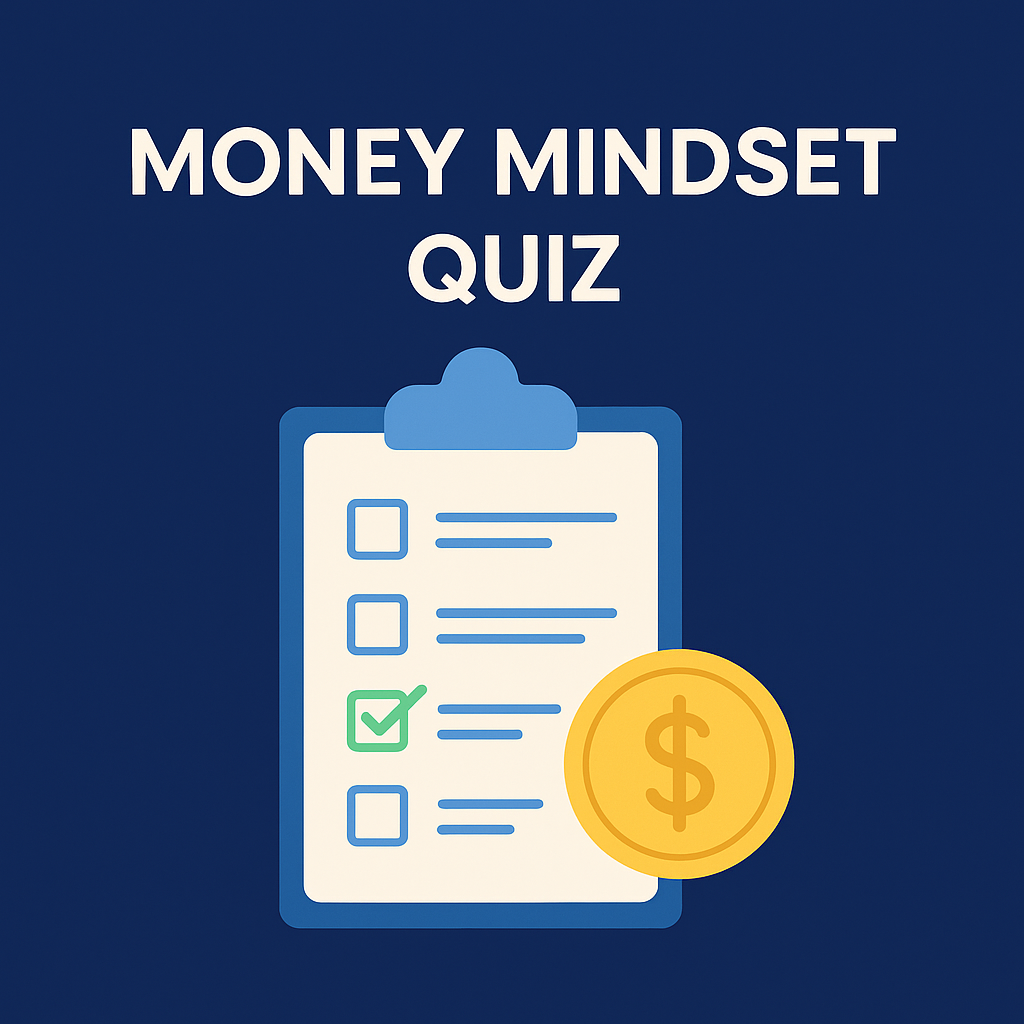 Money mindset quiz graphic: Clipboard with checklist and dollar coin on a dark blue background.