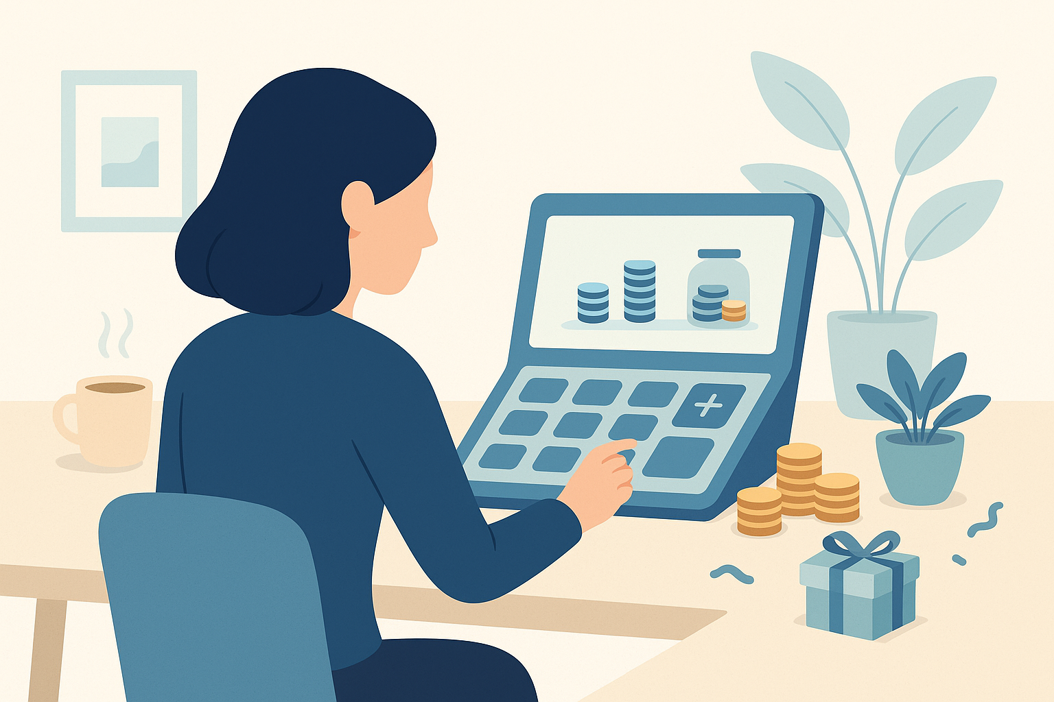 Woman using laptop, viewing financial data with coin stacks and gift box on desk.