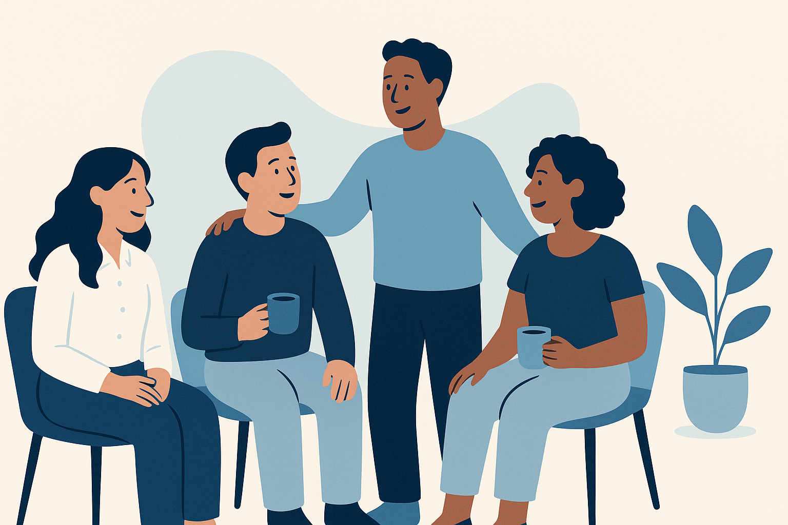 Four diverse people in a circle, some with mugs, engaged in conversation. Light blue setting, supportive mood.