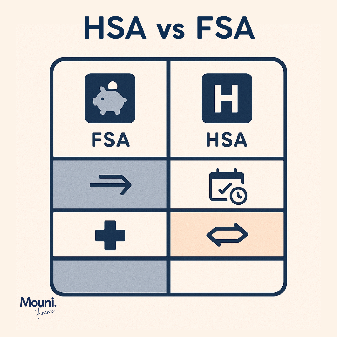 Comparison graphic: FSA (piggy bank, arrow, plus sign) vs. HSA (hospital, calendar/clock, two-way arrow).