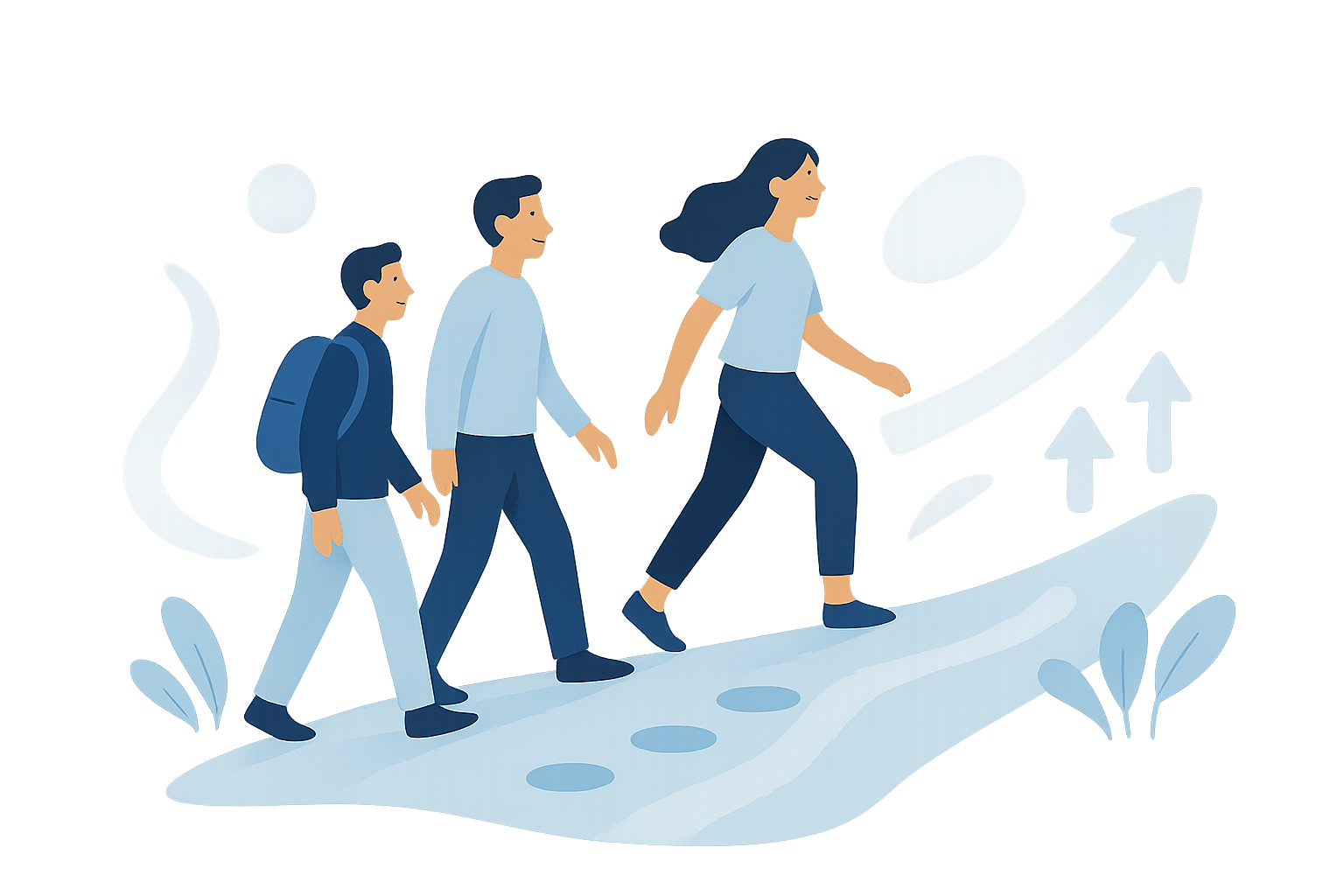 Three people walking upwards, following a path with an upward-pointing arrow, symbolizing progress.
