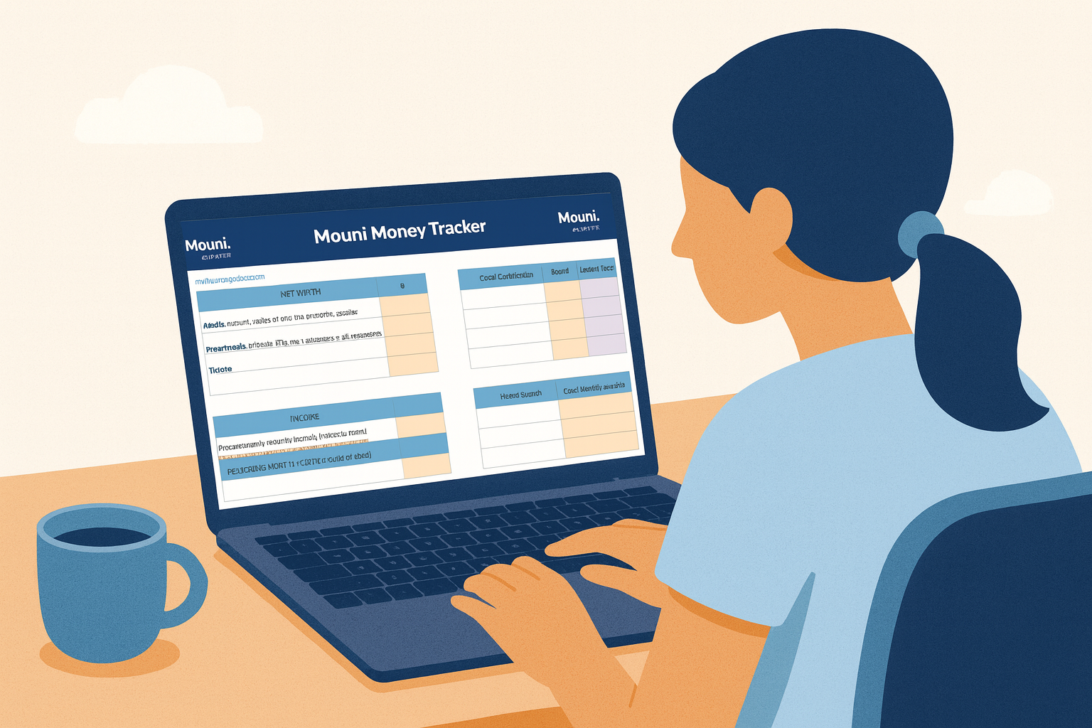 Woman using a laptop to track mood, blue mug, light blue shirt, desk setting.