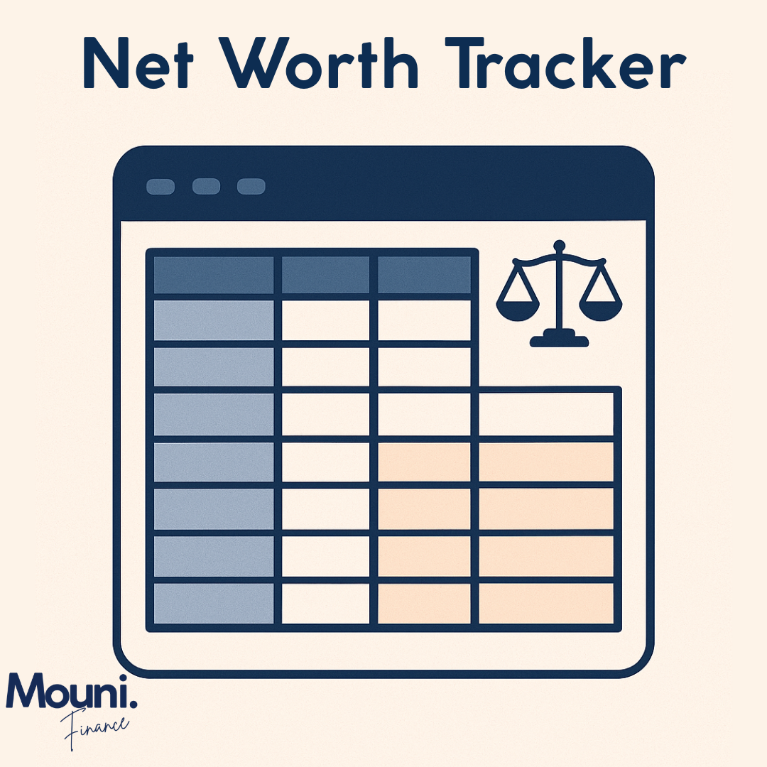 Net worth tracker: Spreadsheet icon with columns, rows, balance scale, and text 
