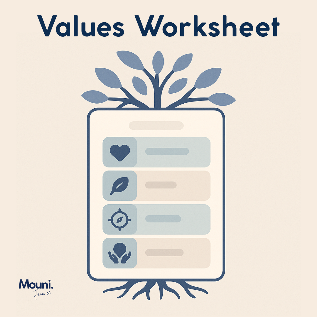 Values worksheet with stylized smartphone screen and tree elements. Contains heart, feather, compass, and hand icons.