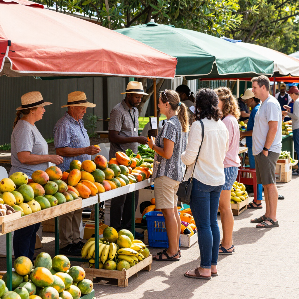 People shopping for produce at an outdoor market. Fruits and vegetables are on display under colorful awnings.