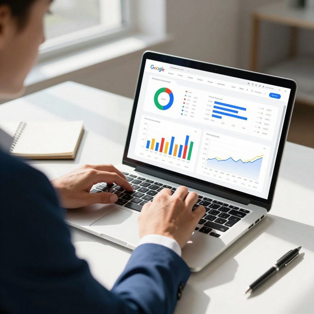 Person in suit working on a laptop displaying charts and graphs, presumably data analytics, at a desk.