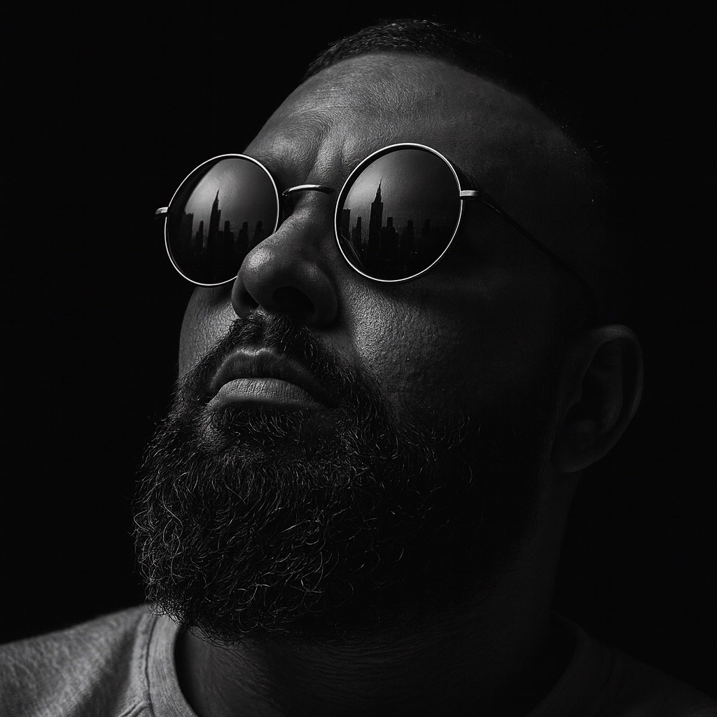 Man wearing round sunglasses reflecting a cityscape, looking upwards with a beard.