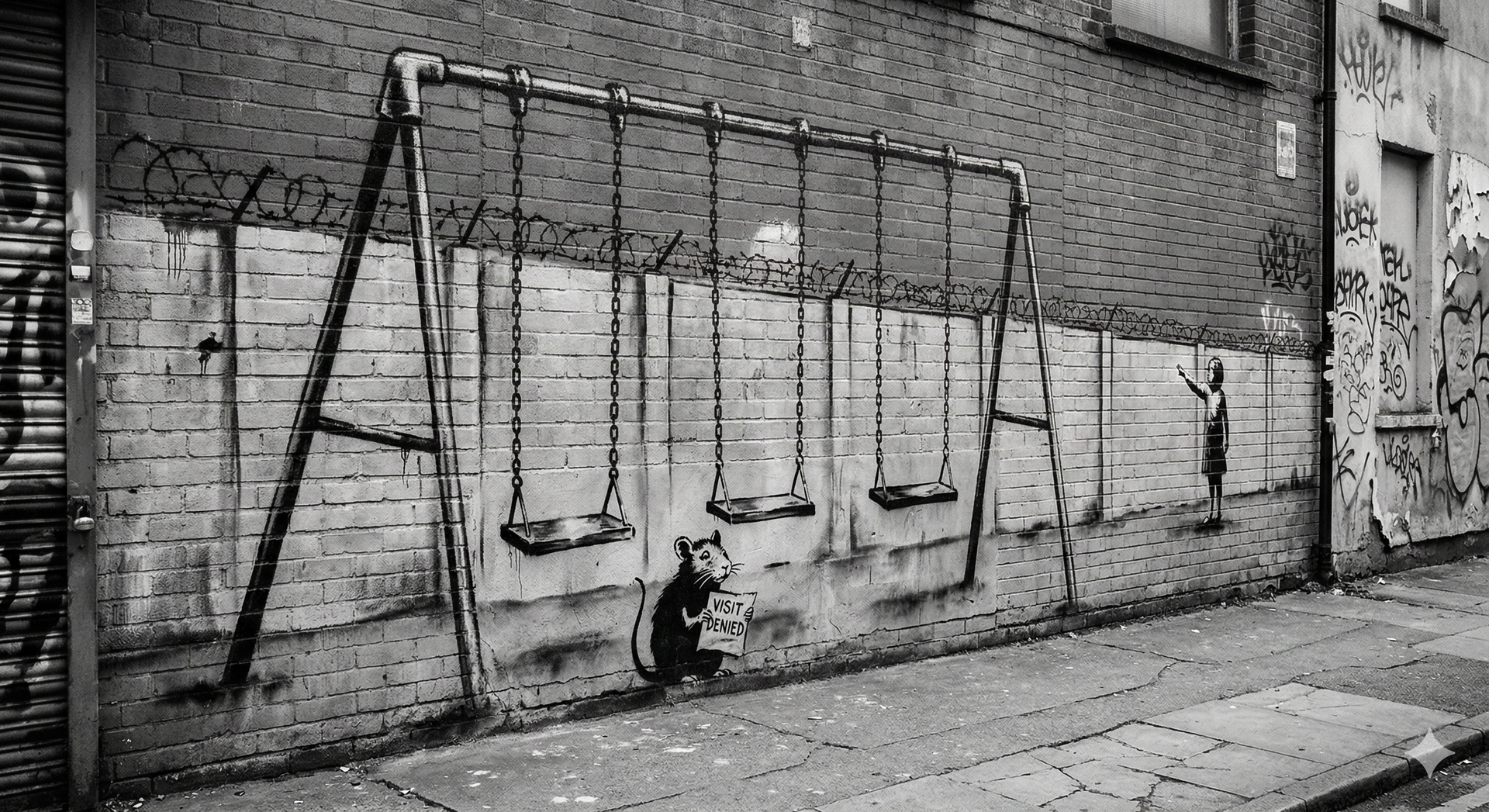 Black and white graffiti of swings behind barbed wire. A rat sits on the ground beneath.