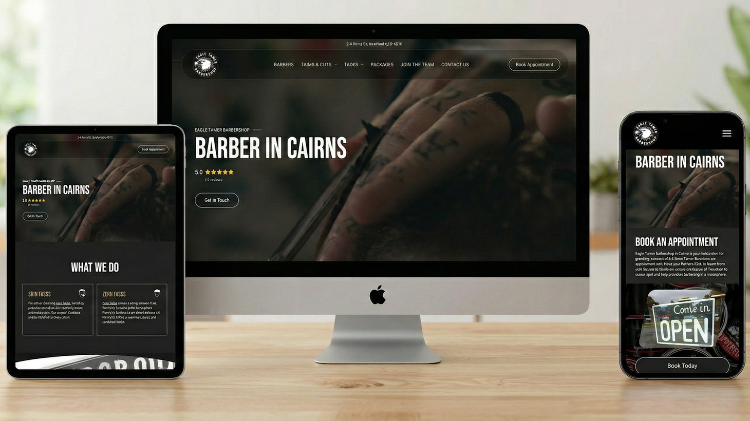 Website displayed on a desktop computer, tablet, and smartphone. The website is for a barber shop in Cairns.