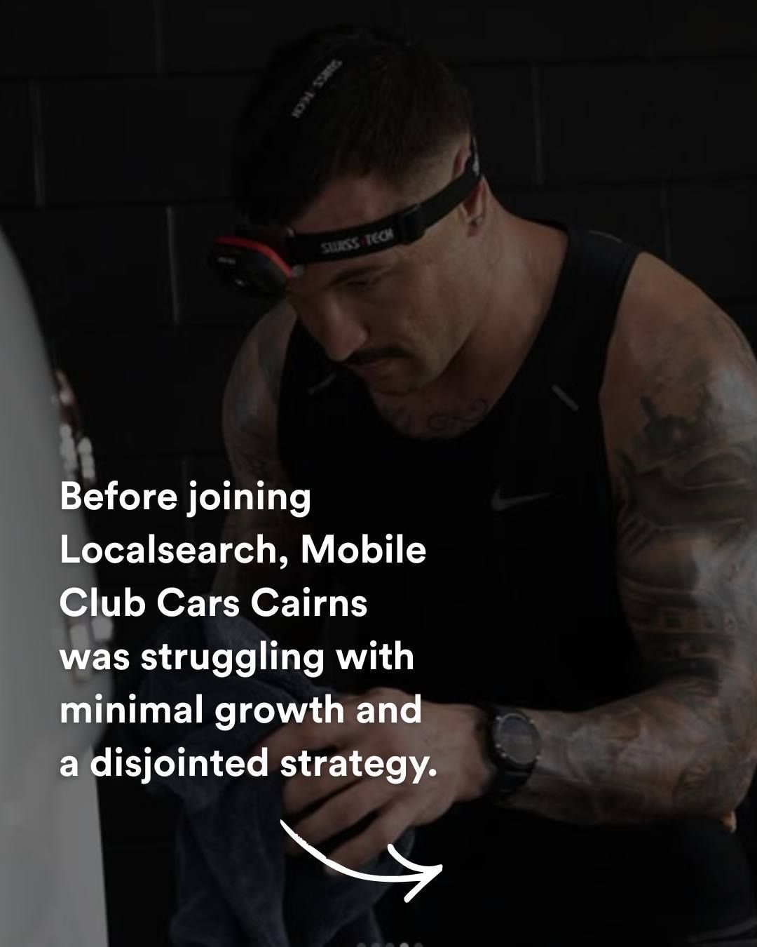 Man in workout gear with text about Localsearch, Mobile Club Cars Cairns, minimal growth.