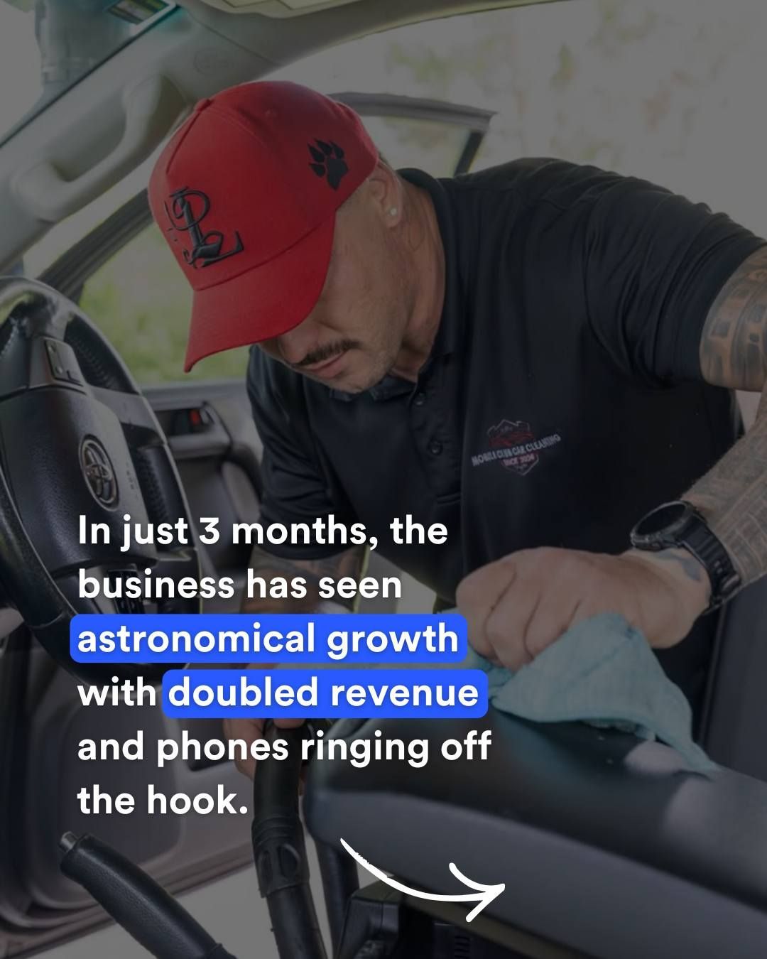 Man cleaning a car interior; text highlights business's 
