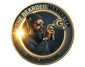 Bearded man spraying Google logo with aerosol can, surrounded by digital marketing text in a circular design.