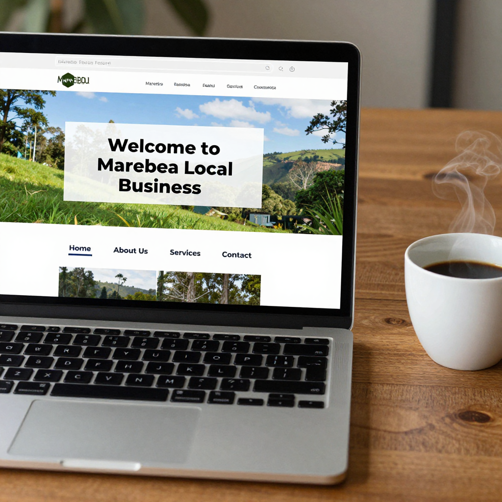 Laptop displaying Marebea Local Business website next to a steaming cup of coffee on a wooden table.