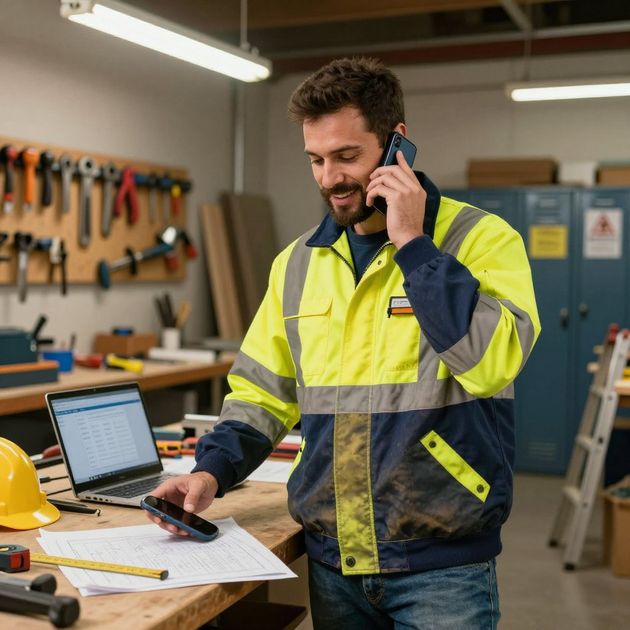Man in work jacket on phone, looking at laptop and paperwork in a workshop.